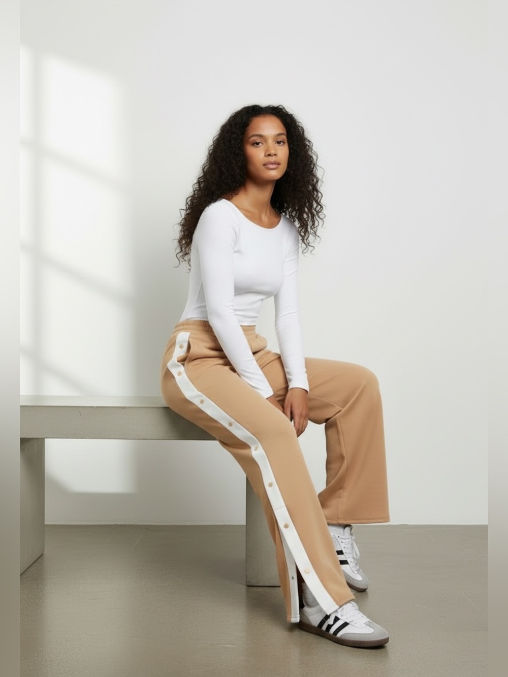 1335 • Caramel Buttery Soft Scuba High Waist White Contrast Snap Lounge Pant